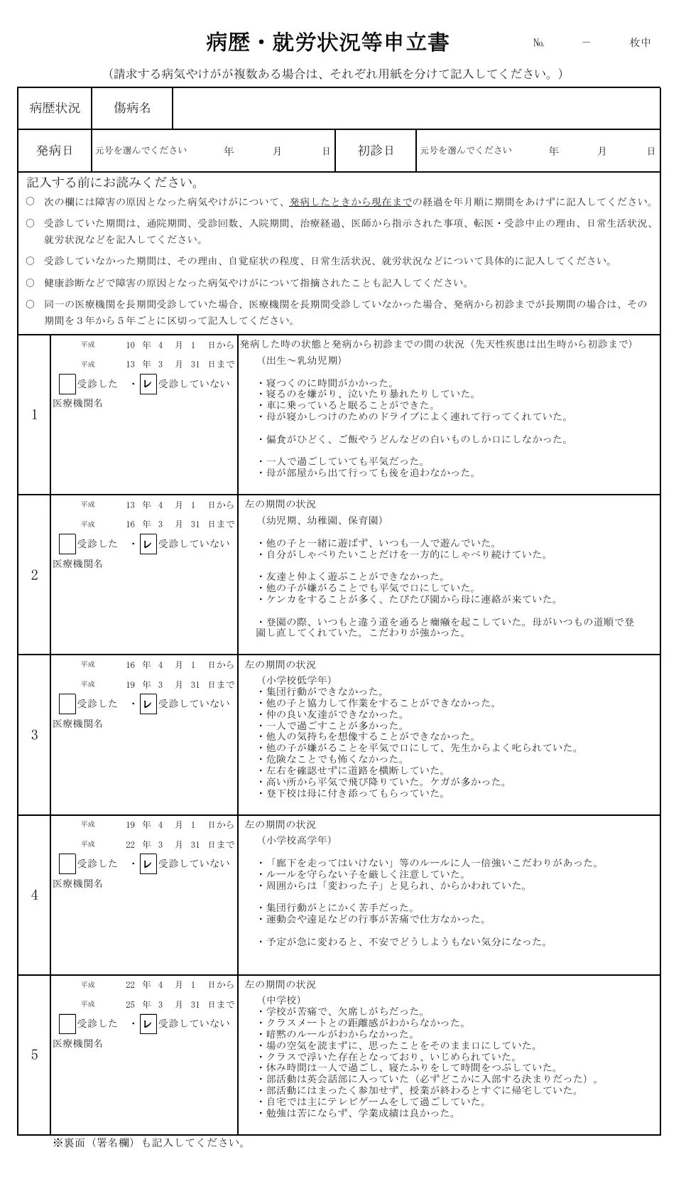 発達障害の病歴・就労状況等申立書の記入例（箇条書き）