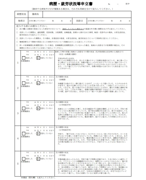 病歴・就労状況等申立書（発達障害記入例①）