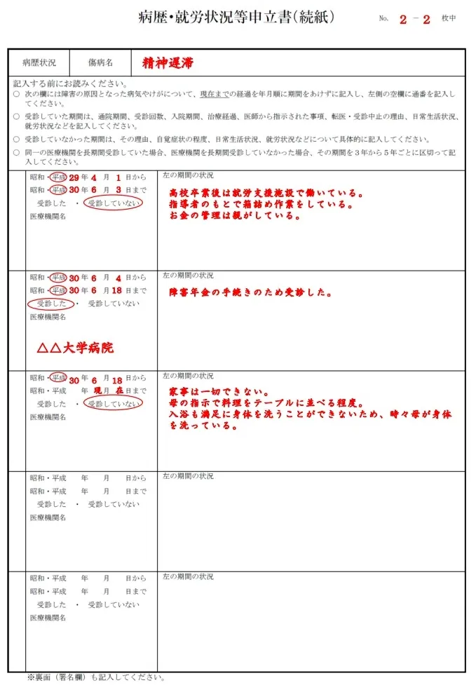 知的障害の病歴・就労状況等申立書